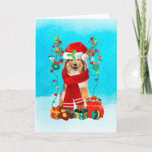 Rough Collie in snow with Christmas gifts Card