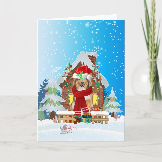 Rough Collie in snow with Christmas gifts Card (Front)