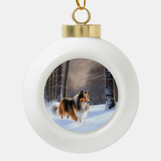 Rough Collie Let It Snow Christmas Ceramic Ball Christmas Ornament (Front)
