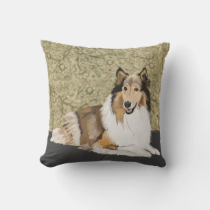 Rough Collie on a Brown Floral background Cushion