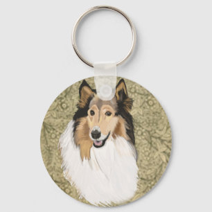 Rough Collie on a Brown Floral background Key Ring