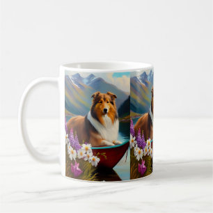 Rough Collie on a Paddle: A Scenic Adventure Coffee Mug