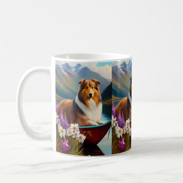 Rough Collie on a Paddle: A Scenic Adventure Coffee Mug (Left)