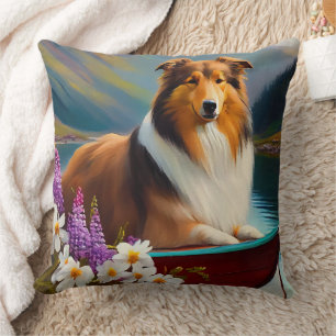 Rough Collie on a Paddle: A Scenic Adventure Cushion