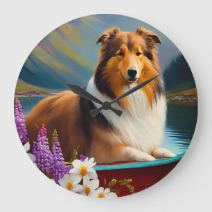Rough Collie on a Paddle: A Scenic Adventure Large Clock