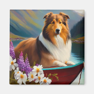 Rough Collie on a Paddle: A Scenic Adventure Magnet