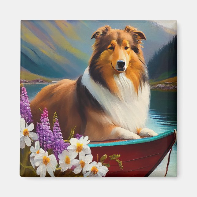 Rough Collie on a Paddle: A Scenic Adventure Magnet (Front)