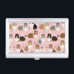 Rough Collie Paws and Bones Business Card Case<br><div class="desc">Cute Rough Collie dogs sit and stand and rollover with sable,  tri-colour,  merle and white coats with scattered dog bones and pawprints pattern.</div>