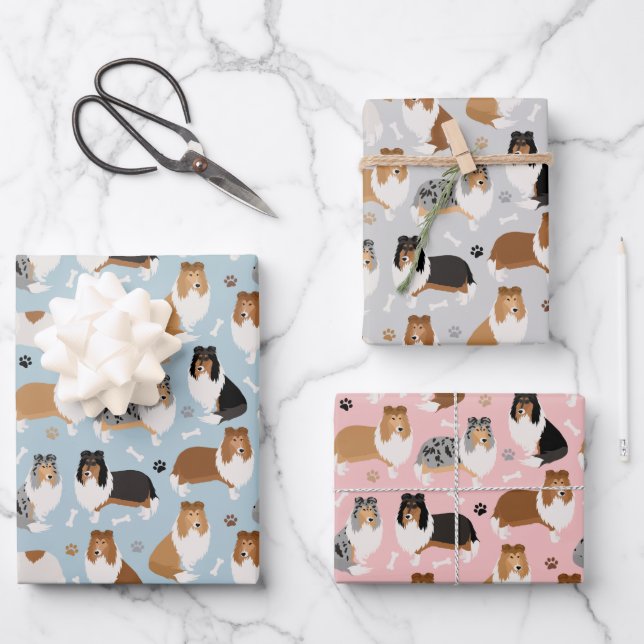 Rough Collie Paws and Bones Wrapping Paper Sheet (Front)