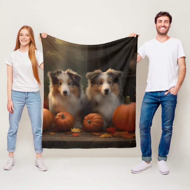 Rough Collie Puppy Autumn Delight Pumpkin  Fleece Blanket (In Situ)