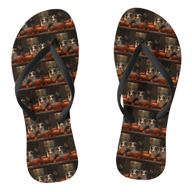 Rough Collie Puppy Autumn Delight Pumpkin  Flip Flops (Footbed)