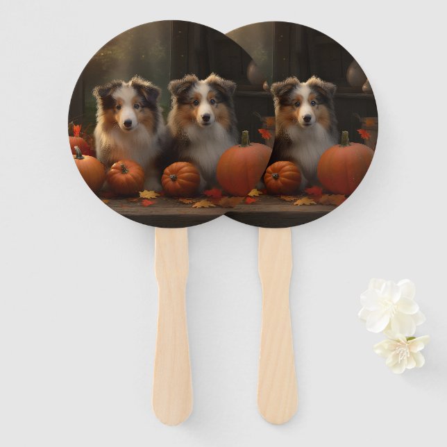 Rough Collie Puppy Autumn Delight Pumpkin  Hand Fan (Front and Back)