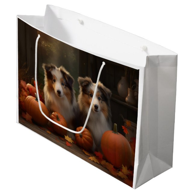Rough Collie Puppy Autumn Delight Pumpkin  Large Gift Bag (Front Angled)