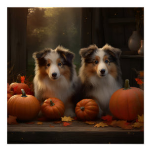 Rough Collie Puppy Autumn Delight Pumpkin  Poster