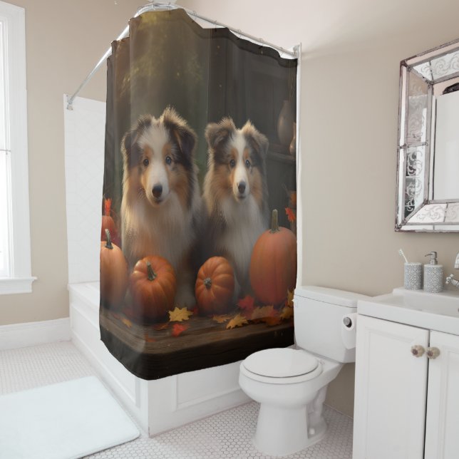 Rough Collie Puppy Autumn Delight Pumpkin  Shower Curtain (In Situ)