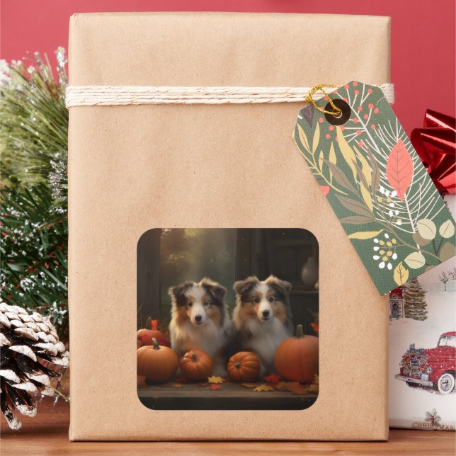 Rough Collie Puppy Autumn Delight Pumpkin  Square Sticker (Holiday)