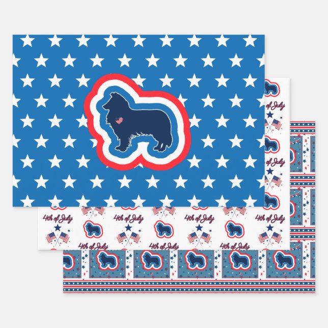 Rough Collie Red White And Blue 4th Of July Wr Wrapping Paper Sheet (Set)