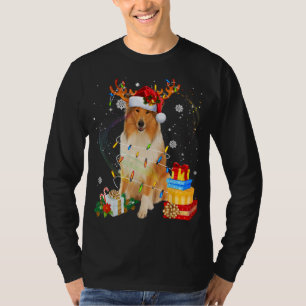 Rough Collie Reindeer Christmas Lights Funny Dog X T-Shirt