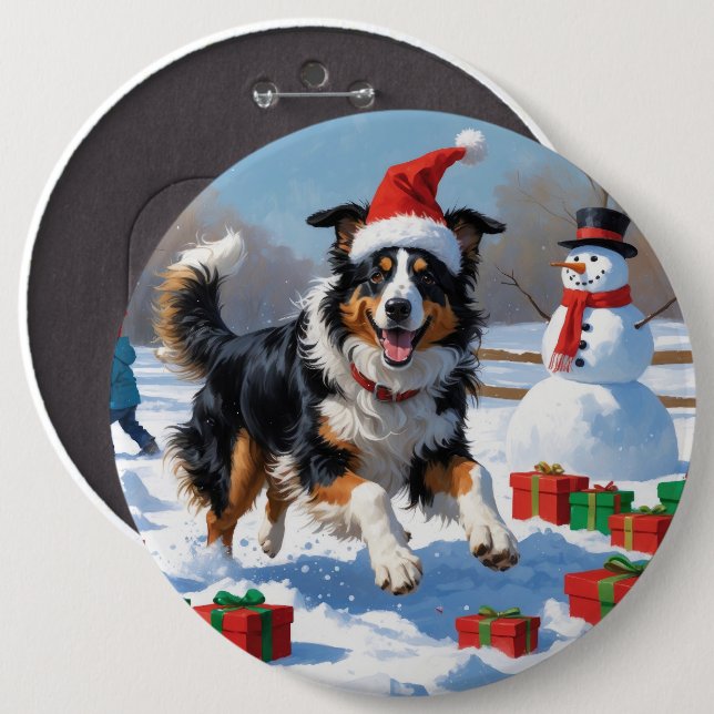 Rough Collie Running in Snow with Christmas Hat 6 Cm Round Badge (Front & Back)