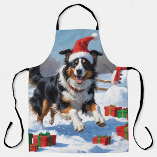 Rough Collie Running in Snow with Christmas Hat Apron