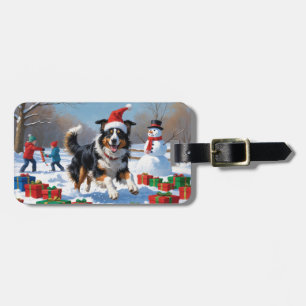 Rough Collie Running in Snow with Christmas Hat Luggage Tag