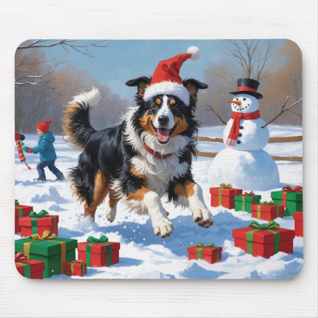 Rough Collie Running in Snow with Christmas Hat Mouse Mat (Front)