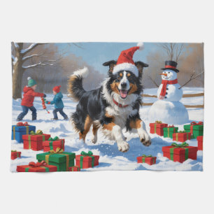 Rough Collie Running in Snow with Christmas Hat Tea Towel