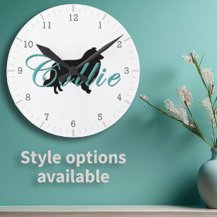 Rough Collie Silhouette Teal Script Text Round Clock