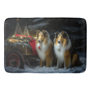 Rough Collie Snowy Sleigh Christmas Decor Bath Mat