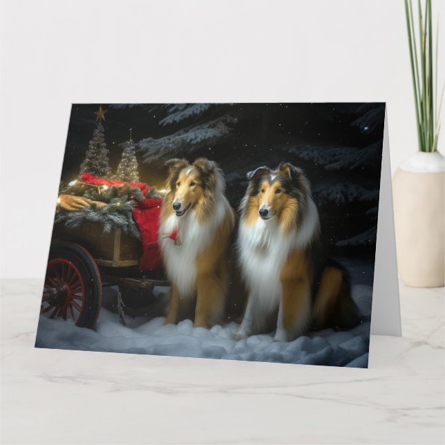 Rough Collie Snowy Sleigh Christmas Decor Card (Front)