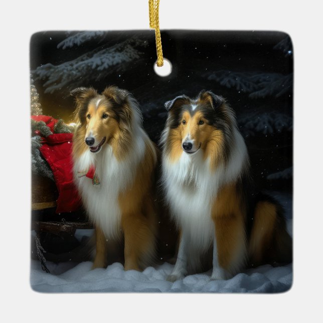 Rough Collie Snowy Sleigh Christmas Decor Ceramic Ornament (Front)