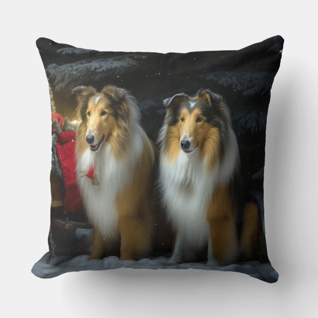 Rough Collie Snowy Sleigh Christmas Decor Cushion (Front)