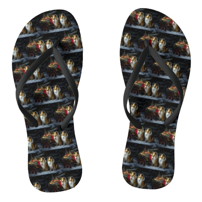 Rough Collie Snowy Sleigh Christmas Decor Flip Flops (Footbed)