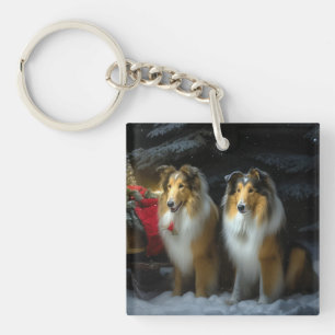 Rough Collie Snowy Sleigh Christmas Decor Key Ring