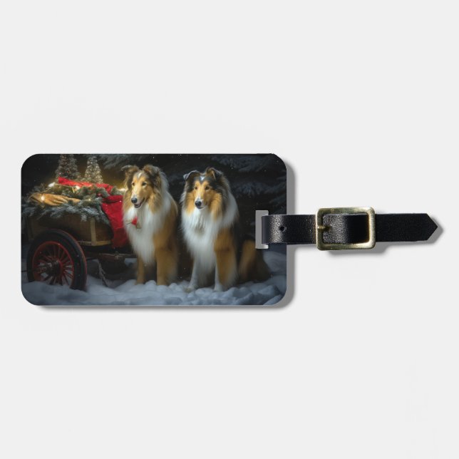 Rough Collie Snowy Sleigh Christmas Decor Luggage Tag (Front Horizontal)