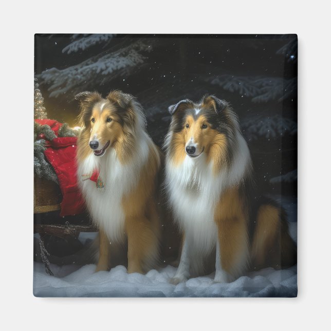Rough Collie Snowy Sleigh Christmas Decor Magnet (Front)