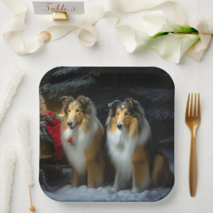 Rough Collie Snowy Sleigh Christmas Decor Paper Plate