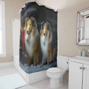 Rough Collie Snowy Sleigh Christmas Decor Shower Curtain