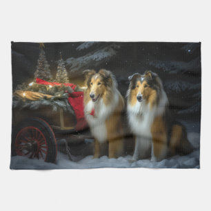 Rough Collie Snowy Sleigh Christmas Decor Tea Towel
