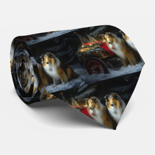 Rough Collie Snowy Sleigh Christmas Decor Tie