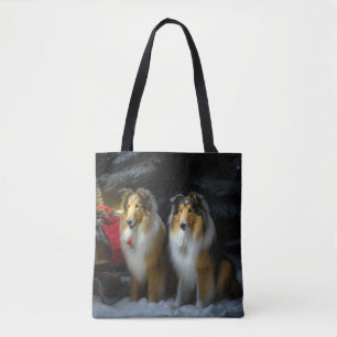 Rough Collie Snowy Sleigh Christmas Decor Tote Bag