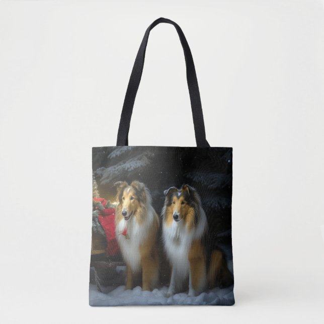 Rough Collie Snowy Sleigh Christmas Decor Tote Bag (Front)