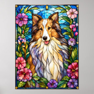 Rough Collie Stained Glass Floral Art Poster