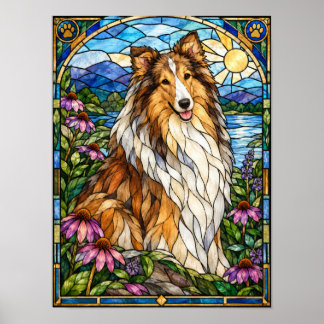 Rough Collie Stained Glass Mountain Sunshine Poster
