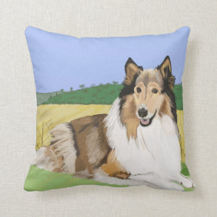 Rough Collie with fields Cushion