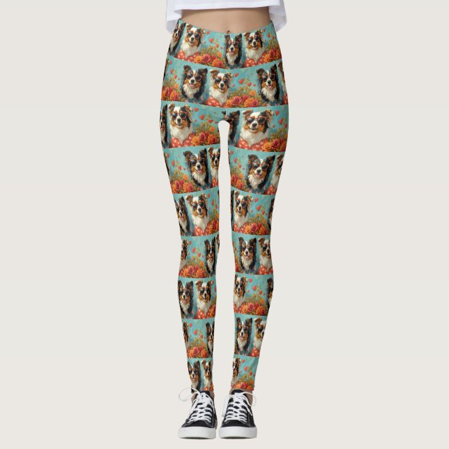 Rough Collie with Heart Roses Valentine's Day Leggings (Front)