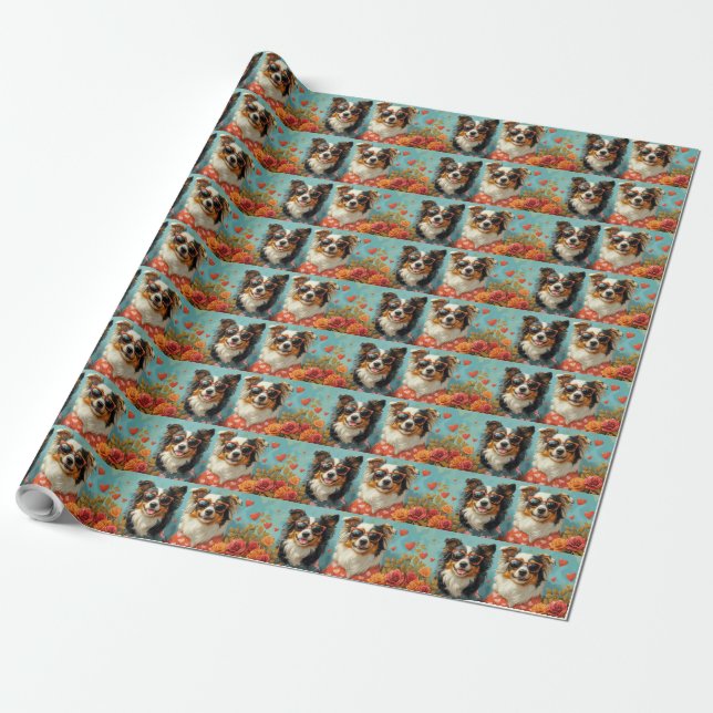 Rough Collie with Heart Roses Valentine's Day Wrapping Paper (Unrolled)