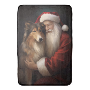 Rough Collie With Santa Claus Festive Christmas  Bath Mat