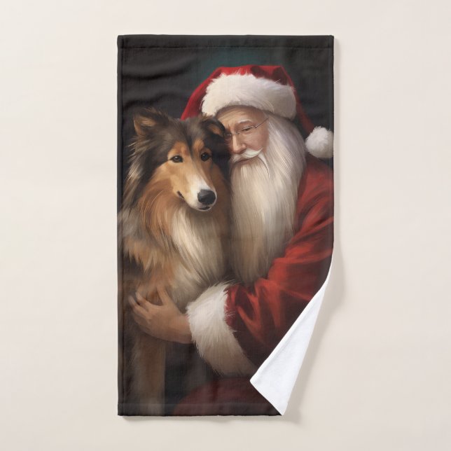 Rough Collie With Santa Claus Festive Christmas  Bath Towel Set (Hand Towel)