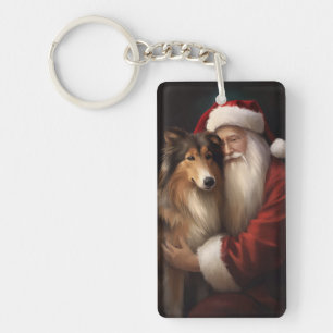 Rough Collie With Santa Claus Festive Christmas Key Ring